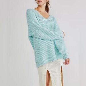 Free People Sunset V-Neck Cotton Sea Sky Blue Sweater - Size XS